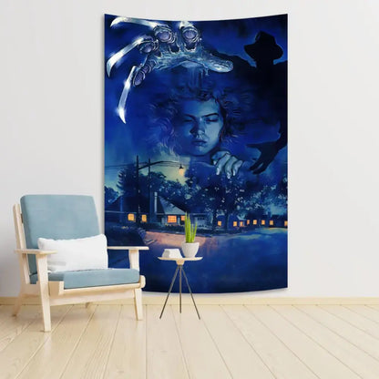 Dark blue horror movie wall tapestry featuring freddy krueger claw and ghostly figure for bedroom decor