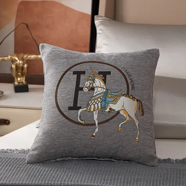 Gray cotton pillow cover with horse embroidered jacquard design and black h monogram for living room decorbites decor