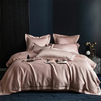 A luxurious blush pink satin bedding set with subtle piping in decorbites 1000tc egyptian cotton for elegant decor