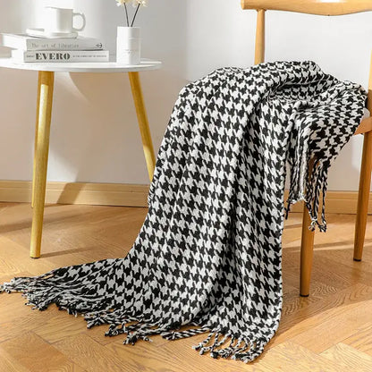 Black and white houndstooth throw blanket with knit texture and fringed edges ideal for living room decorbites decor