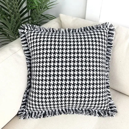 Black and white houndstooth plaid pillow cover with frayed edges decorbites houndstooth plaid pillow for living room decor