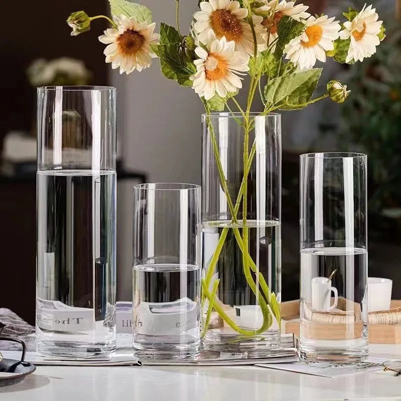 Clear cylindrical glass vases of varying heights with white daisies for desktop hydroponics plant decoration