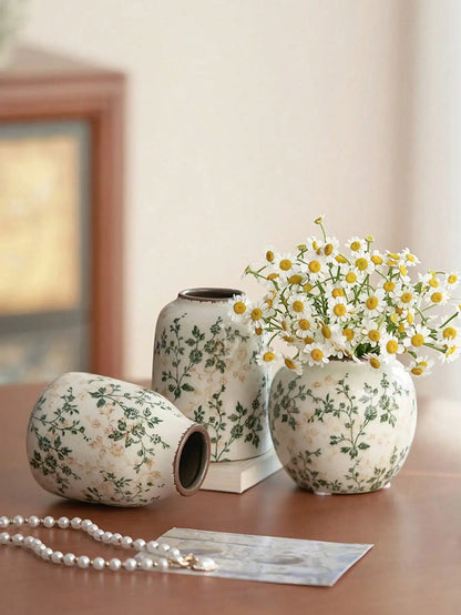 Three handmade crackle ceramic vases with green and pink floral patterns for fresh or dry flower display
