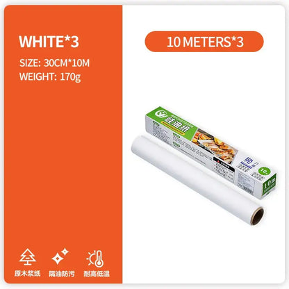 Illustrated grease-resistant baking paper three white parchment rolls 10 meters in green and white box for kitchen use