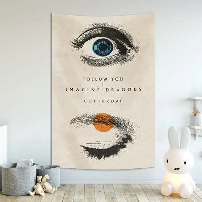 Beige imagine dragons band poster tapestry with stylized eye and orange circle design for white and red bedroom decor