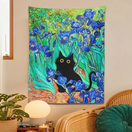 Impressionistic decorbites irises cat tapestry featuring a black cat and blue irises for bedroom wall art