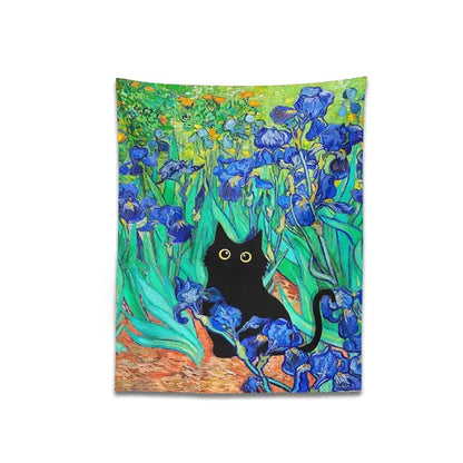 A black cat with yellow eyes among vibrant blue irises on a decorbites irises cat tapestry wall art