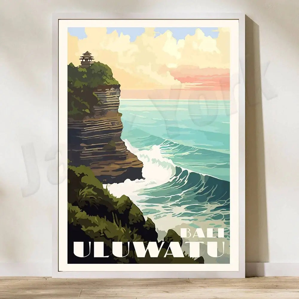 A framed vintage-style uluwatu temple travel poster with bold white lettering and pastel skies, perfect rice field illustration art