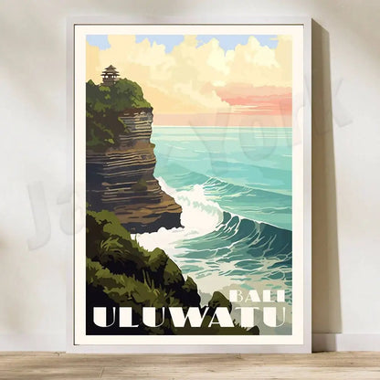 A framed vintage-style uluwatu temple travel poster with bold white lettering and pastel skies, perfect rice field illustration art