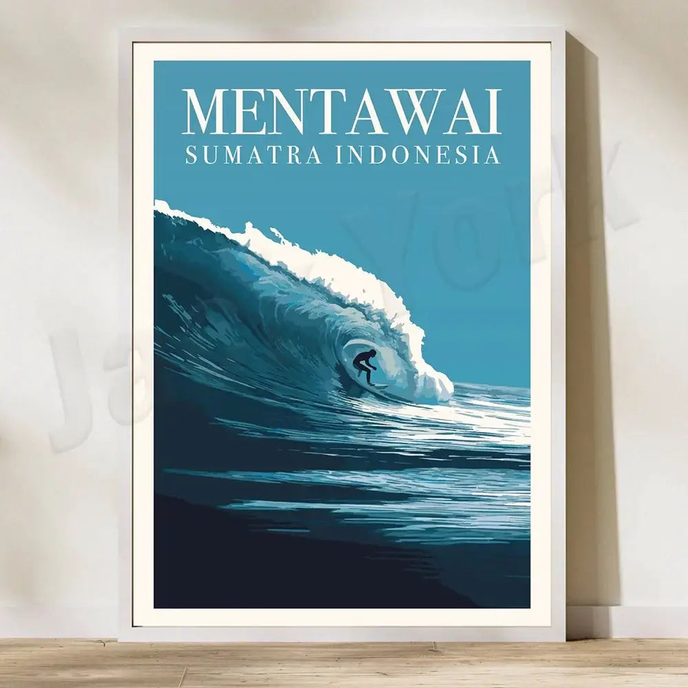 A framed canvas printing of a stylized surfer wave illustration featuring rice field illustration near pererenan estuary