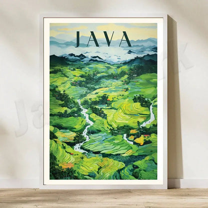 A framed canvas printing featuring a vibrant green rice field illustration of java’s pererenan estuary for living room art
