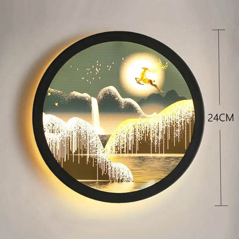 Circular industrial acrylic round wall lamp with black frame featuring golden deer artwork for bedroom decorbites decor