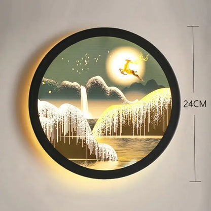 Circular industrial acrylic round wall lamp with black frame featuring golden deer artwork for bedroom decorbites decor