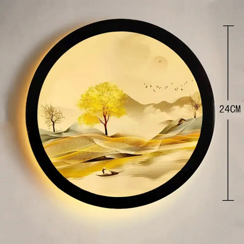 Industrial acrylic round wall lamp with black frame and golden-yellow serene landscape artwork for bedroom decorbites decor