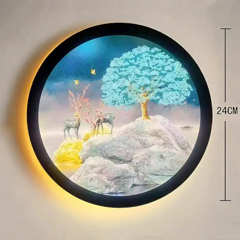 Industrial acrylic round wall lamp with black frame featuring illuminated deer and trees decorbites industrial acrylic design