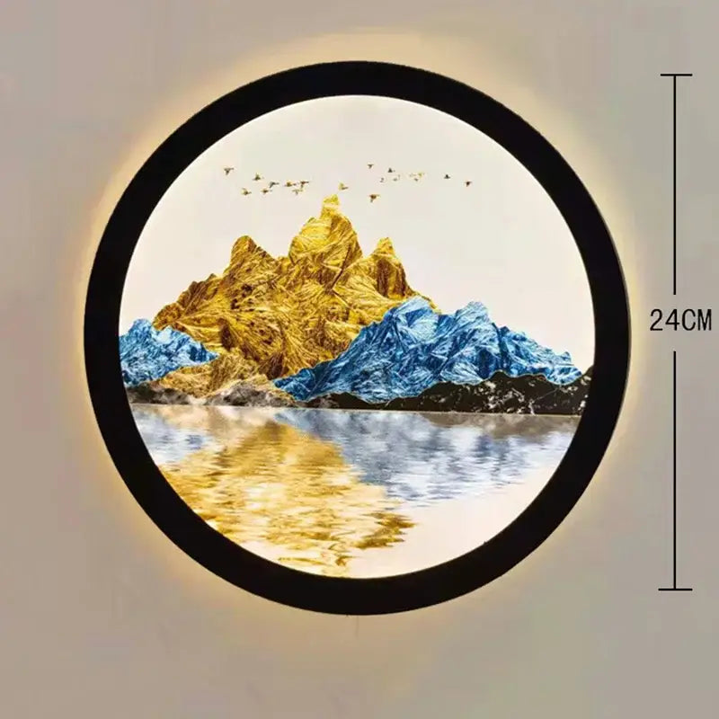 Industrial acrylic round wall lamp with glowing black frame and golden blue mountain art for decorbites industrial acrylic decorbites industrial acrylic round golden deer wall lamp bedroom decor
