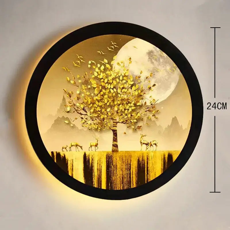Industrial acrylic round wall lamp with golden deer tree design in black frame for decorbites industrial acrylic decor
