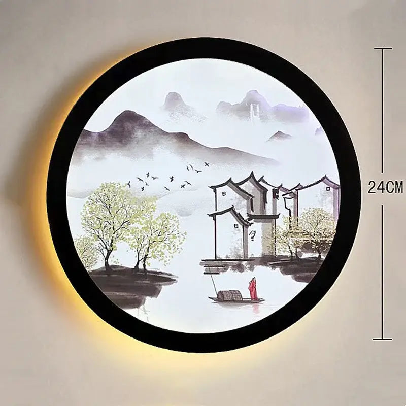 Industrial acrylic round wall lamp with black frame featuring illuminated traditional chinese ink-wash landscape decorbites industrial acrylic bedroom decor