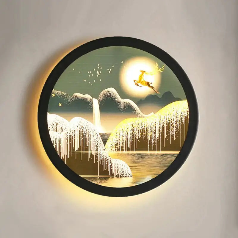 Industrial acrylic round wall lamp with black frame featuring illuminated golden deer artwork for bedroom decorbites industrial acrylic decor