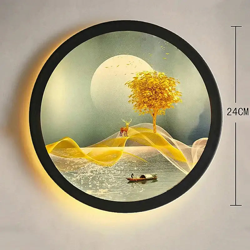 Circular wall lamp with black frame featuring golden tree deer and boat illuminated artwork for bedroom decorbites industrial acrylic round golden deer wall lamp bedroom decor
