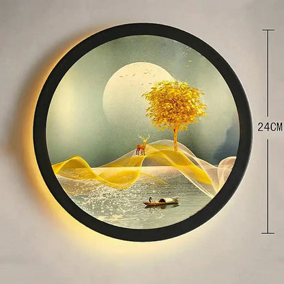 Circular wall lamp with black frame featuring golden tree deer and boat illuminated artwork for bedroom decorbites industrial acrylic round golden deer wall lamp bedroom decor