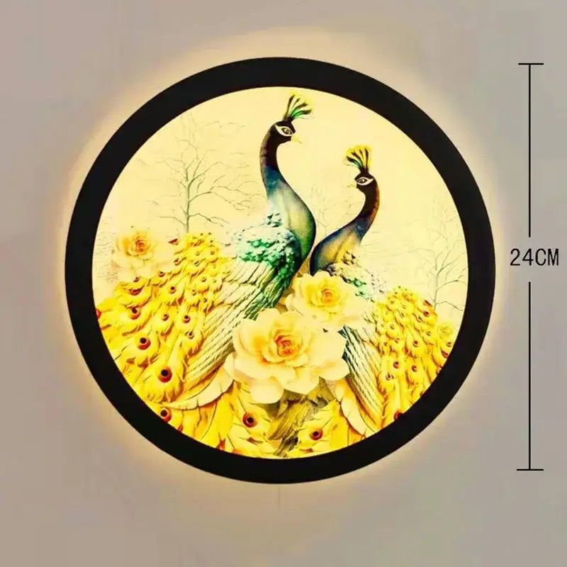 Industrial acrylic round wall lamp with black frame and illuminated peacock artwork for bedroom decorbites decorbites industrial acrylic