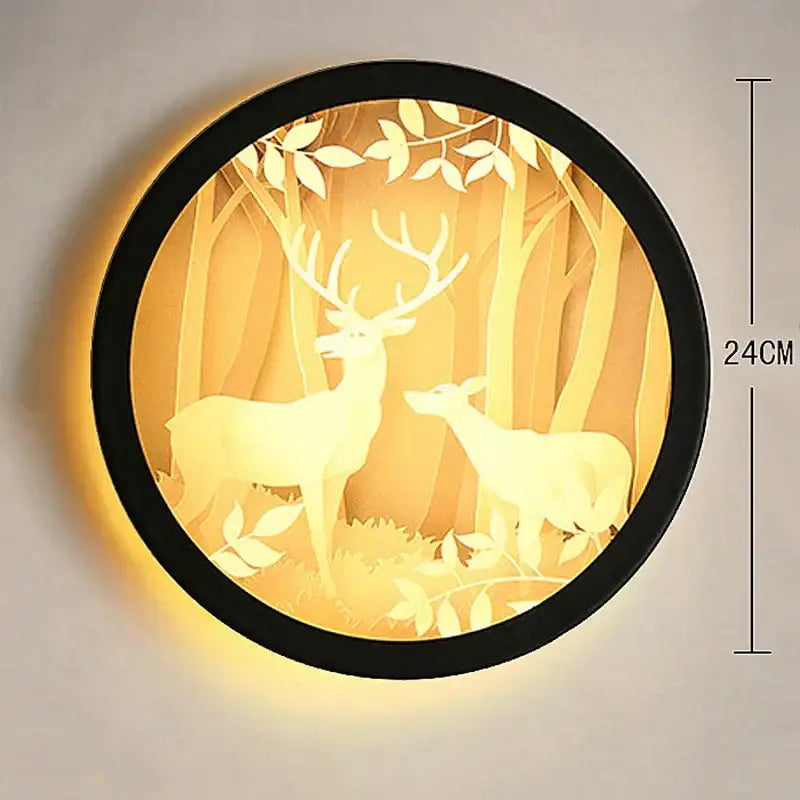 Industrial acrylic round golden deer wall lamp with black frame and warm yellow paper cut decorbites industrial acrylic design
