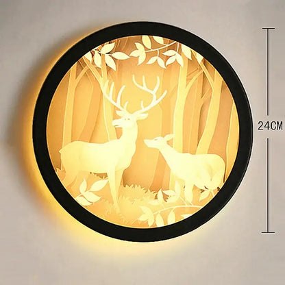 Industrial acrylic round golden deer wall lamp with black frame and warm yellow paper cut decorbites industrial acrylic design