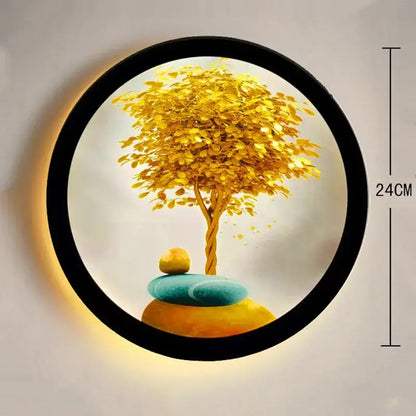 Industrial acrylic round wall lamp featuring a golden tree with textured leaves and twisted trunk for bedroom decorbites decor