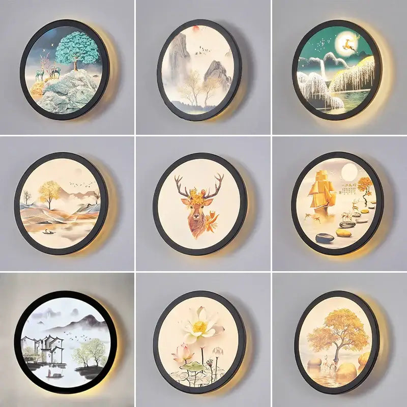 Industrial acrylic round wall lamp with black frames featuring illuminated nature scenes for bedroom decorbites decor