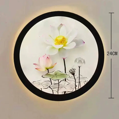 Industrial acrylic round wall lamp with black frame featuring illuminated lotus flower artwork for bedroom decorbites industrial acrylic decor
