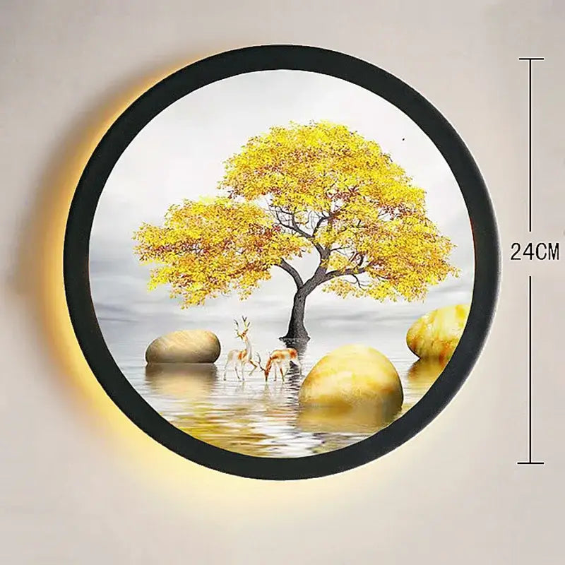 Industrial acrylic round wall lamp with black frame and illuminated golden deer tree scene for bedroom decorbites decor