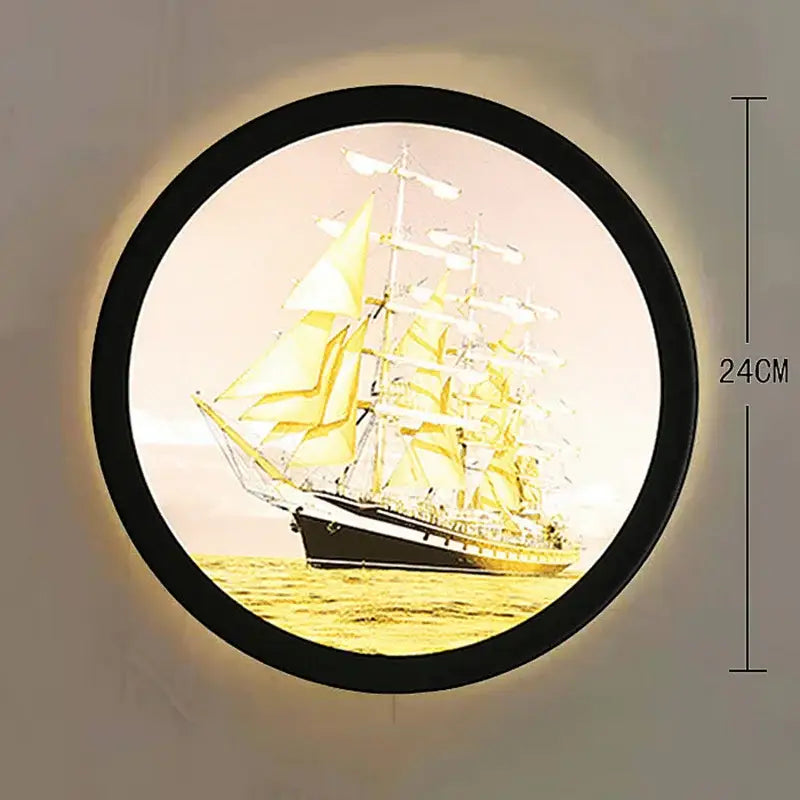 Industrial acrylic round wall lamp with black frame featuring golden-sailed ship artwork for decorbites industrial acrylic decor