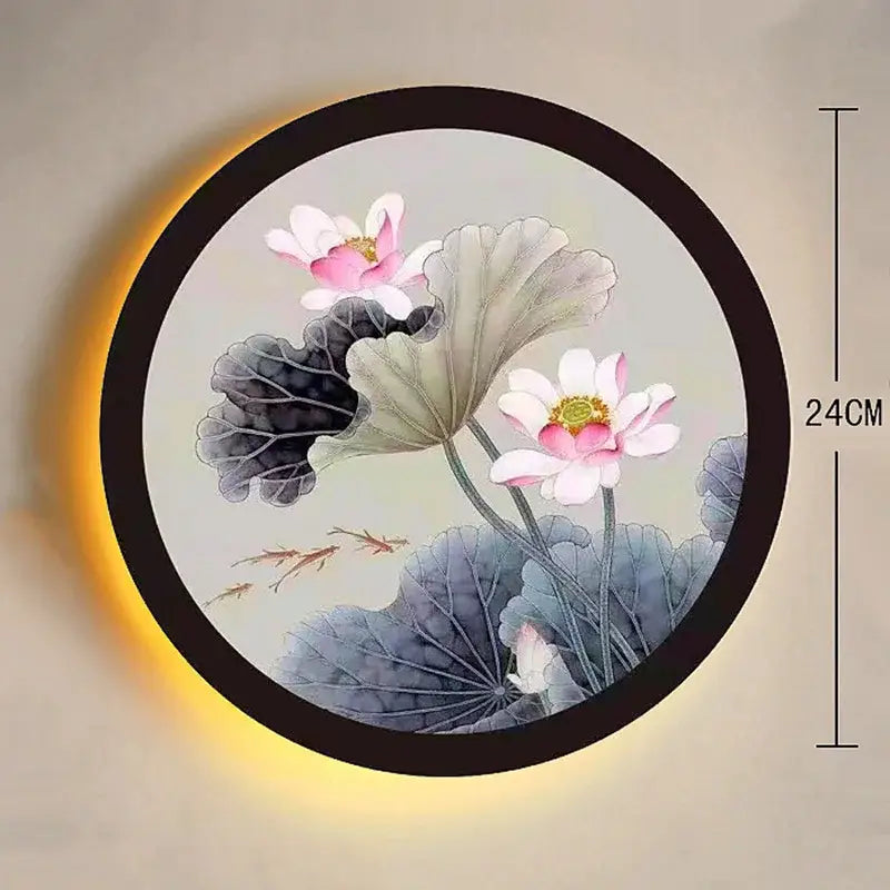Industrial acrylic round wall lamp with black frame glowing yellow light and pink lotus decorbites industrial acrylic design