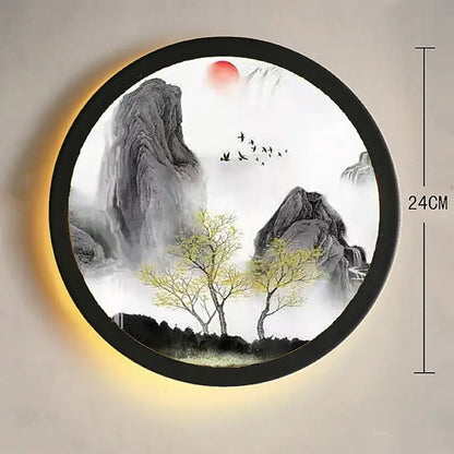 Industrial acrylic round wall lamp with black frame and illuminated misty mountain art for bedroom decorbites industrial acrylic decor