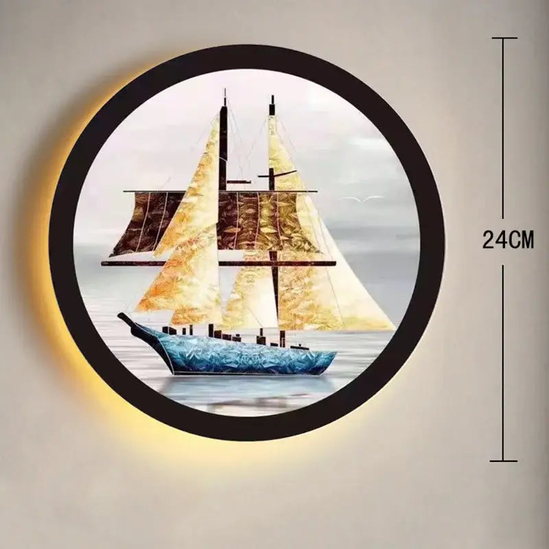 Circular wall lamp with industrial acrylic round golden deer frame featuring a nautical sailboat scene and warm ambient lighting