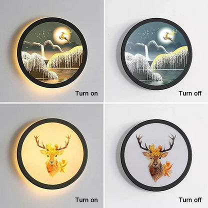 Industrial acrylic round golden deer wall lamp with black frame illuminated under moonlight for bedroom decorbites industrial acrylic wall lamp