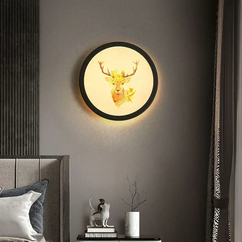 Industrial acrylic round wall lamp with glowing golden deer and floral crown in sleek black frame for bedroom decorbites industrial acrylic decor