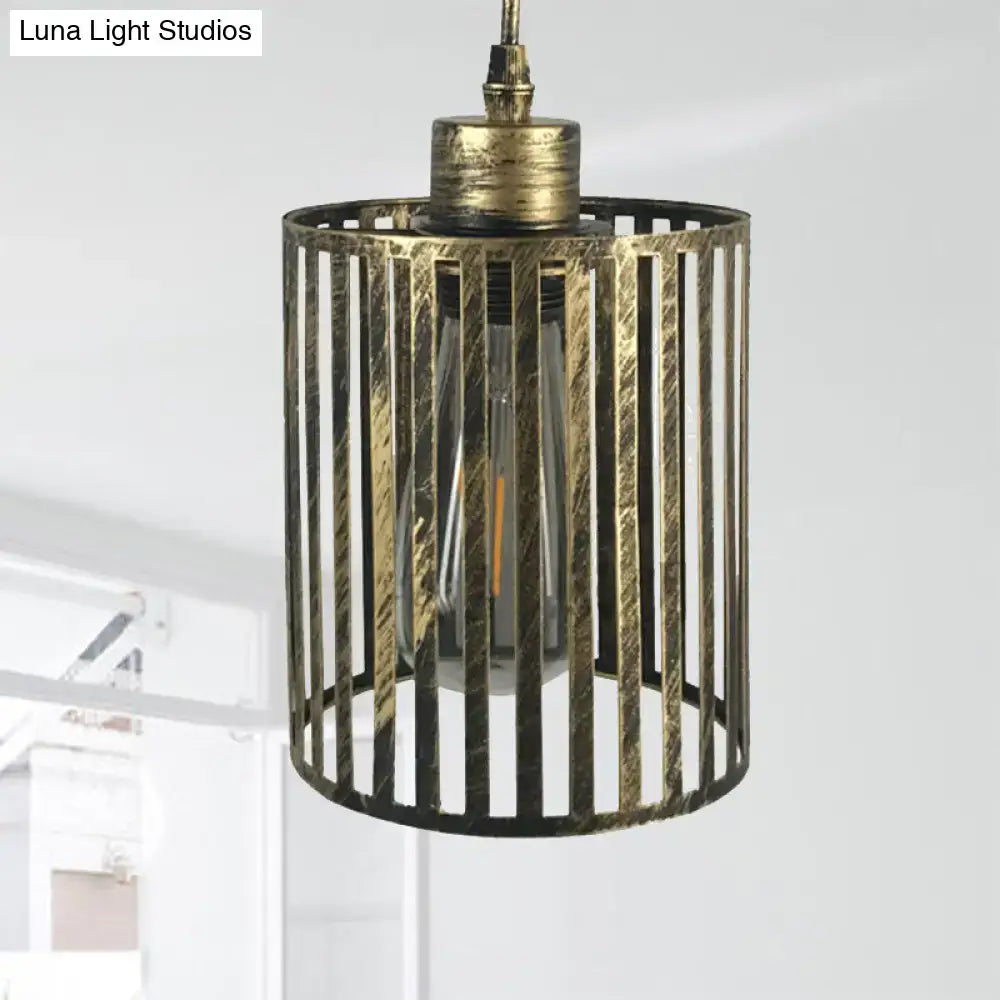 Decorbites vintage metal pendant ceiling light with aged brass cylinder shade and exposed filament bulb