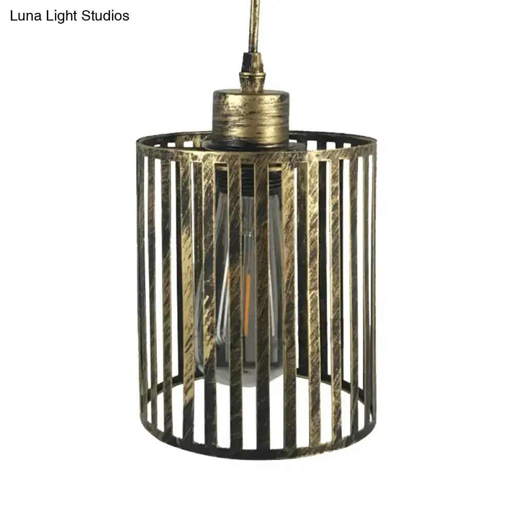 DecorBites vintage metal pendant lamp with aged brass cylinder shade and vertical slats pendant ceiling light