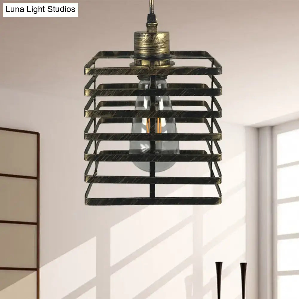 DecorBites™ vintage metal pendant ceiling light with distressed black cage and aged brass cylinder shade for restaurants