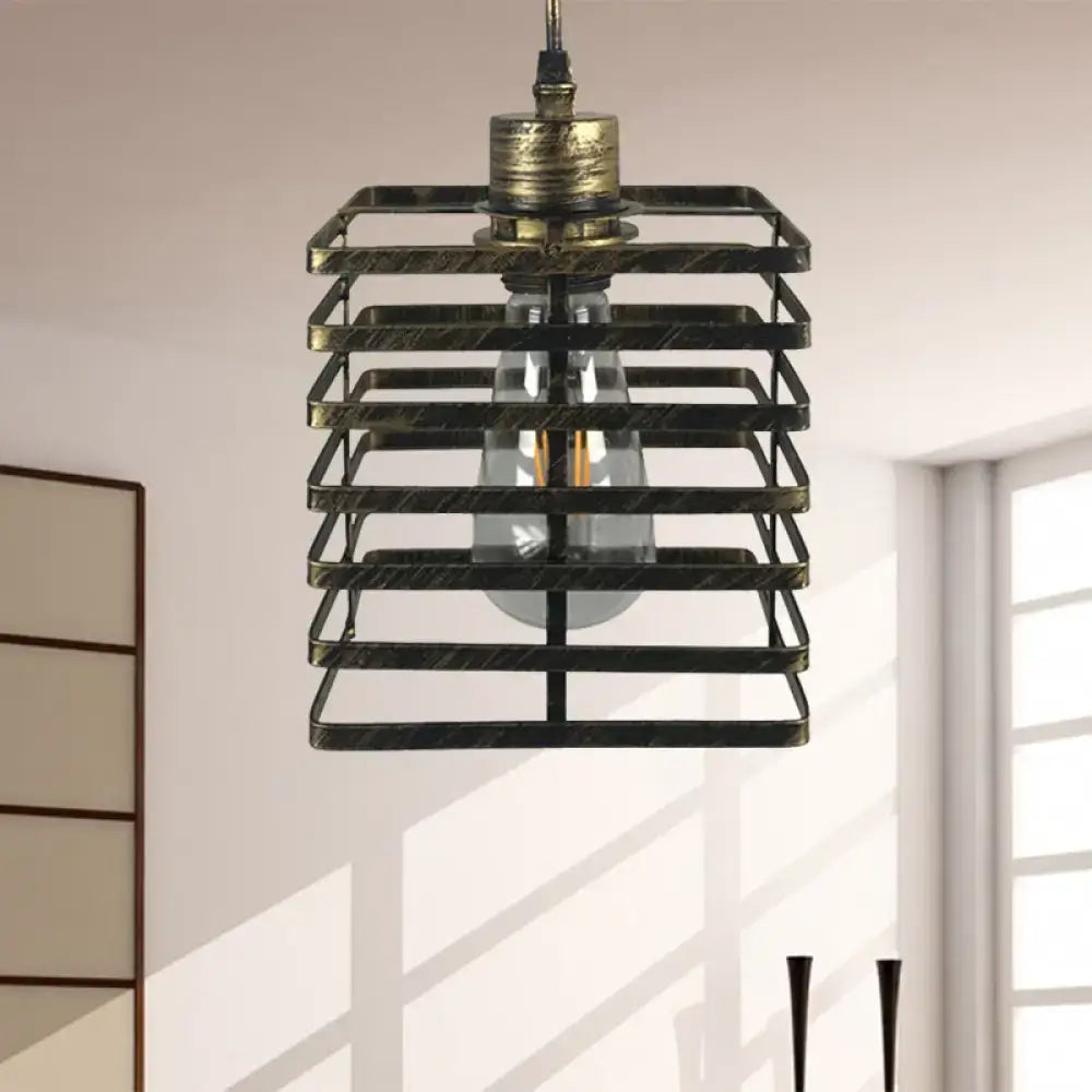 DecorBites™ vintage metal pendant ceiling light with dark distressed cage and aged brass cylinder shade housing edison bulb