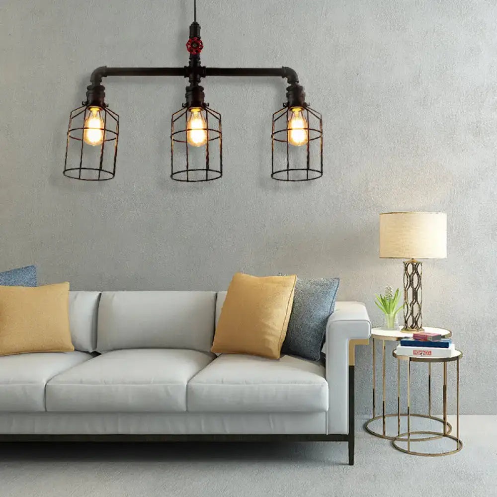 DecorBites hanging rustic wire guard pendant light in aged silver and black with three exposed filament bulbs ceiling light