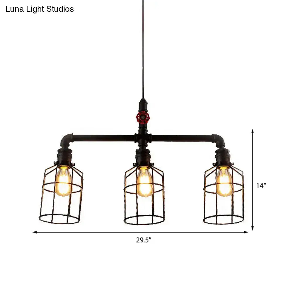 DecorBites hanging rustic wire guard pendant ceiling light in aged silver and black with three exposed filament bulbs