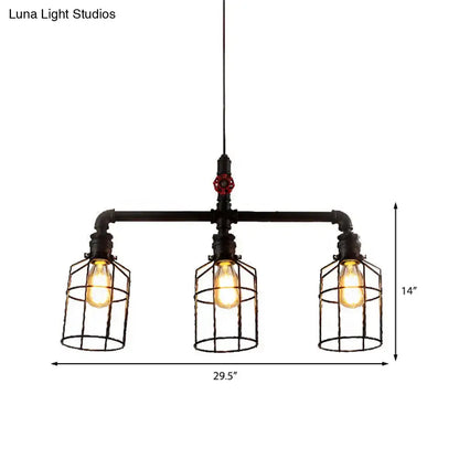 DecorBites hanging rustic wire guard pendant ceiling light in aged silver and black with three exposed filament bulbs
