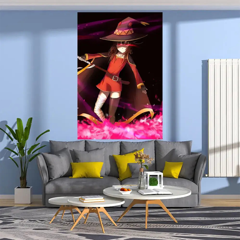 Vibrant decorbites anime tapestry wall featuring a witch in red attire with a wide-brimmed hat and pink floral accents