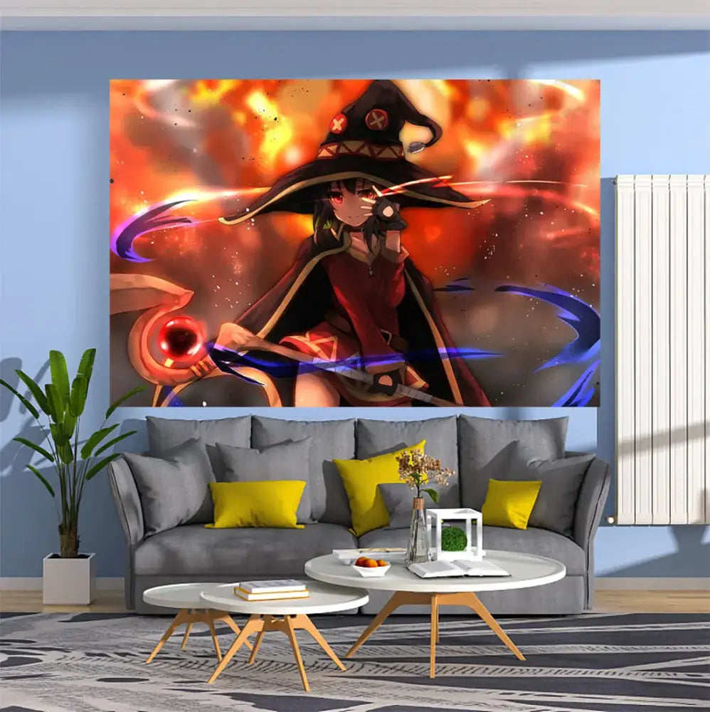 Vibrant orange and red anime tapestry wall hanging featuring a witch with glowing magic for decorbites anime tapestry decor