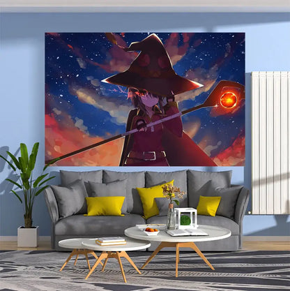Industrial anime tapestry wall hanging featuring a witch in red cloak with glowing staff for decorbites anime tapestry decor