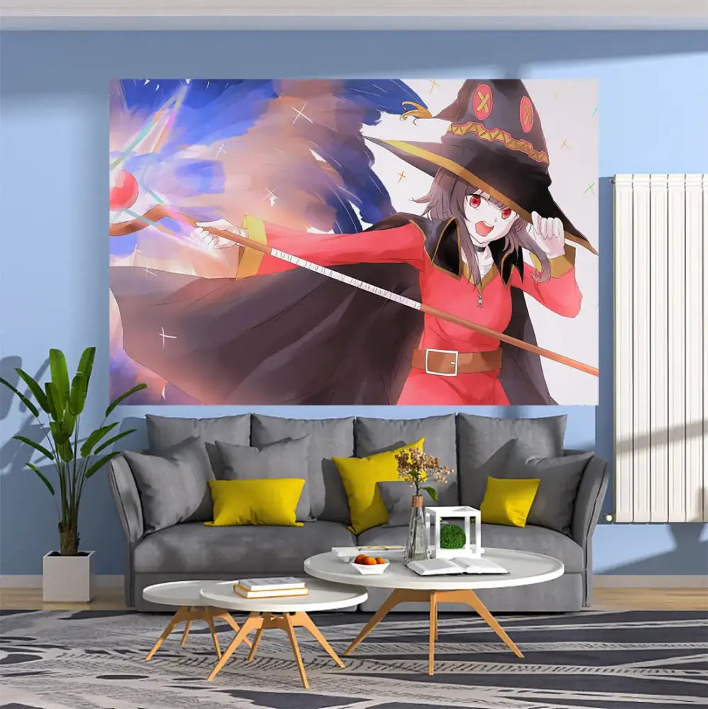 Vibrant decorbites anime tapestry wall hanging featuring a witch in red and black with gold trim and blue orange background