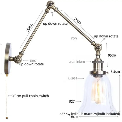 Industrial antique brass adjustable wall sconce with a brass metal arm and glass bell shade for bedroom decorbites industrial adjustable led lighting